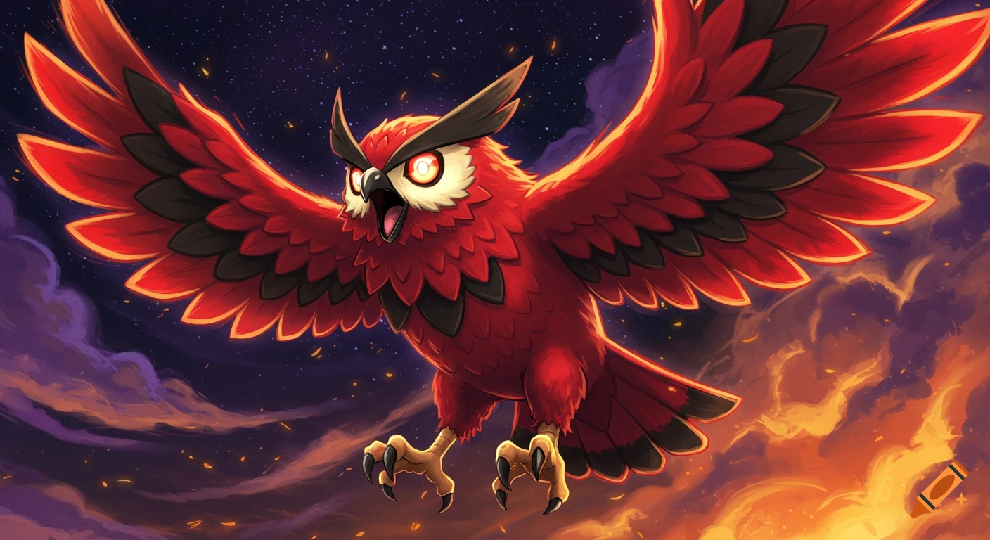 A red owl fakemon flies with wings spread in a starry sky over fiery clouds.