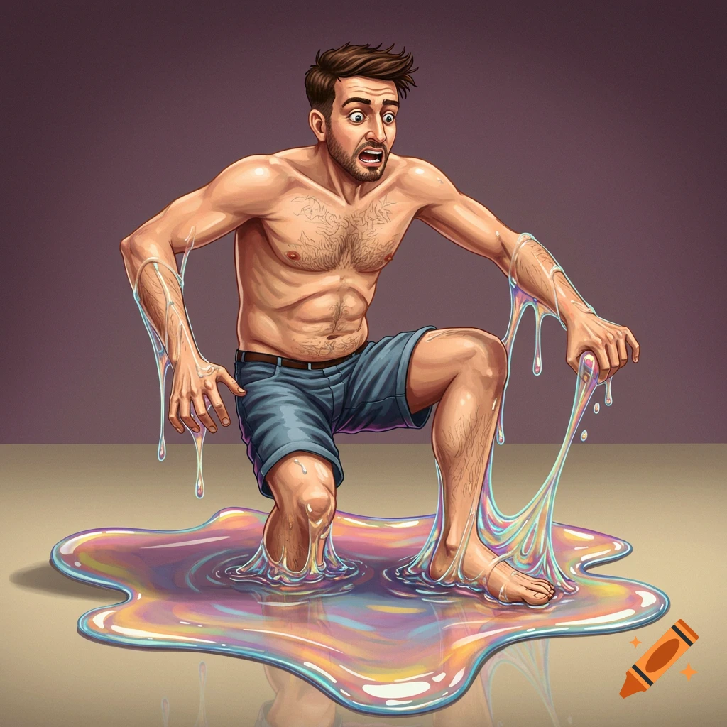 A barefoot man in shorts is stuck up to his knees in a pool of colorful, iridescent goo, looking surprised.