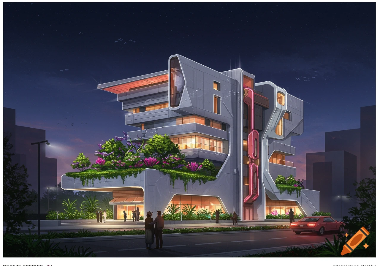 A futuristic building with plants on roof at dusk