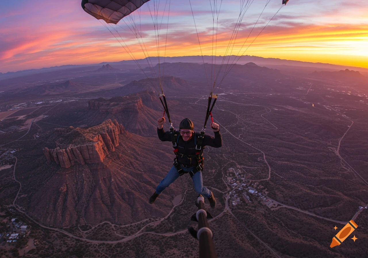 Skydiver taking a selfie high above mountains at sunset.