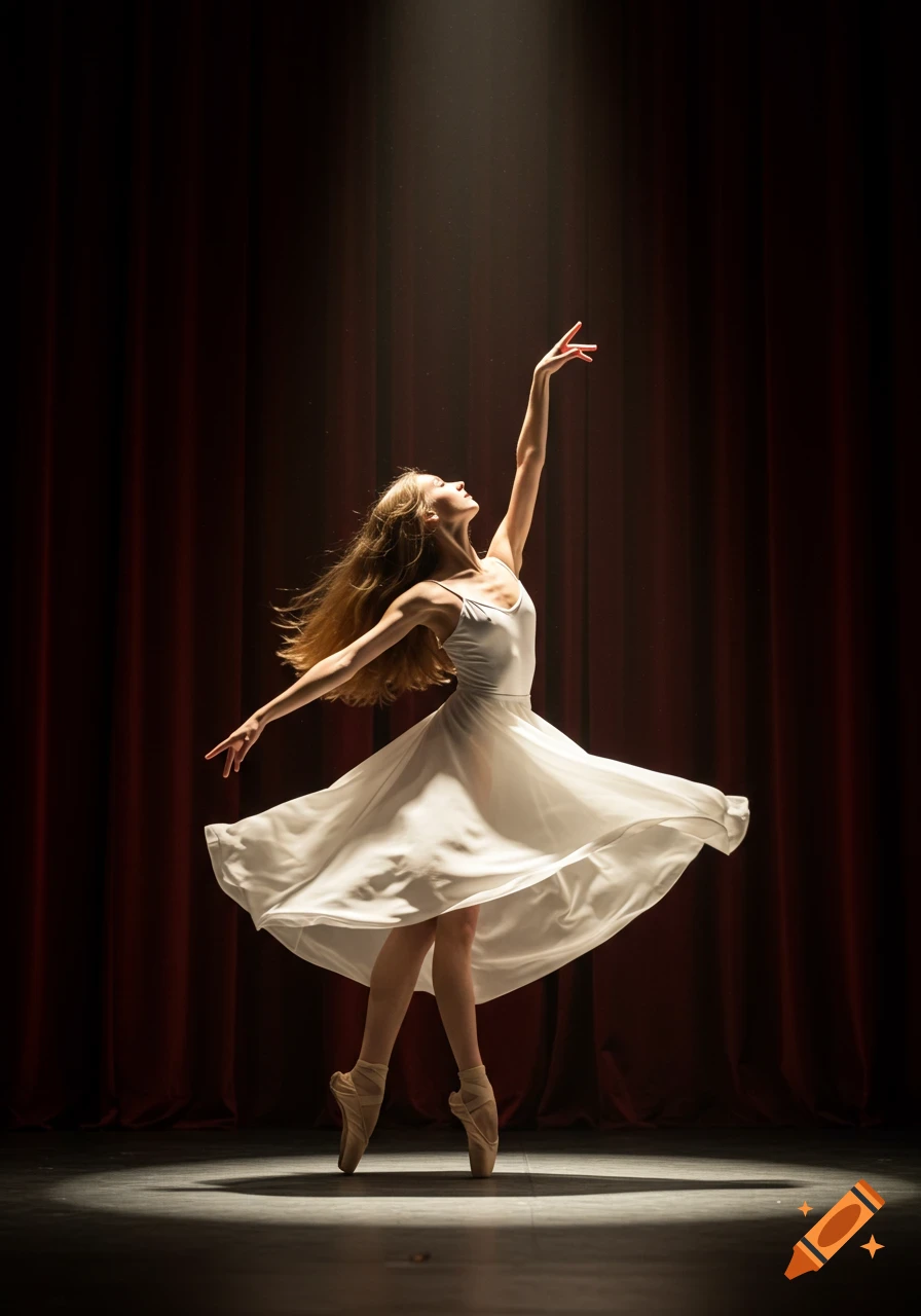 A graceful ballerina in a white dress dances on a stage under a spotlight. Photorealistic.