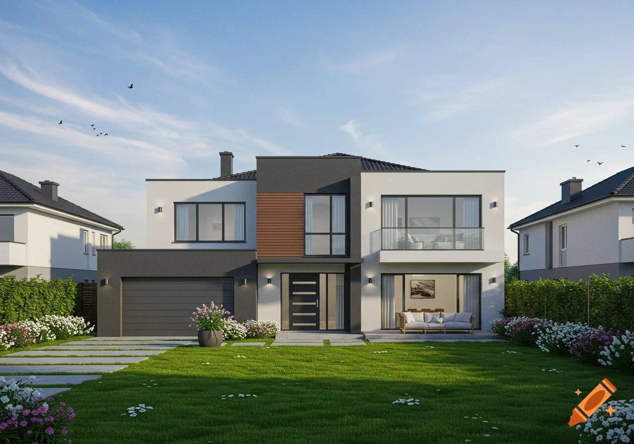 Photorealistic image of a modern two-story house with a garage and landscaped garden.