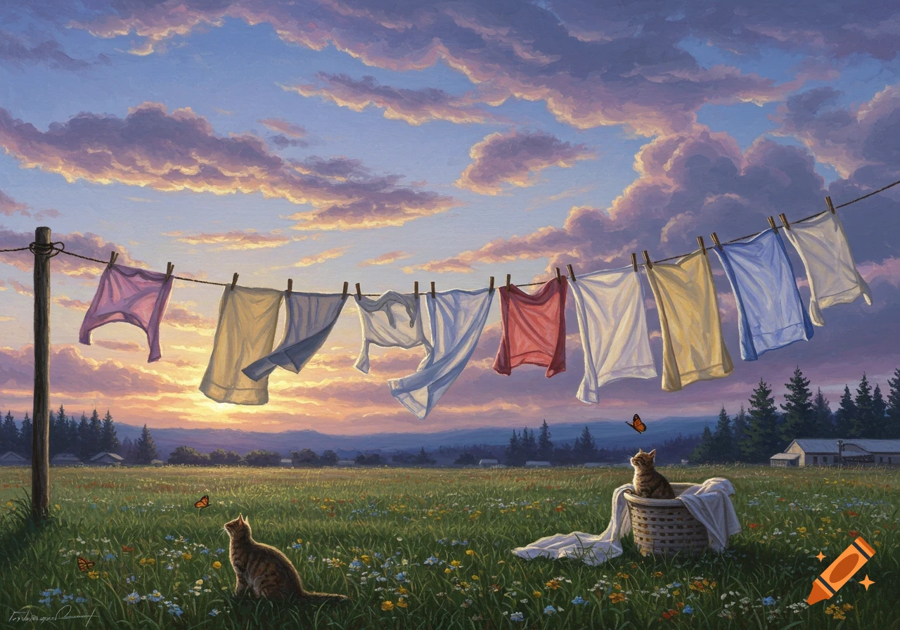 Painting of laundry drying on a clothesline at sunset with cats and butterflies in a field.