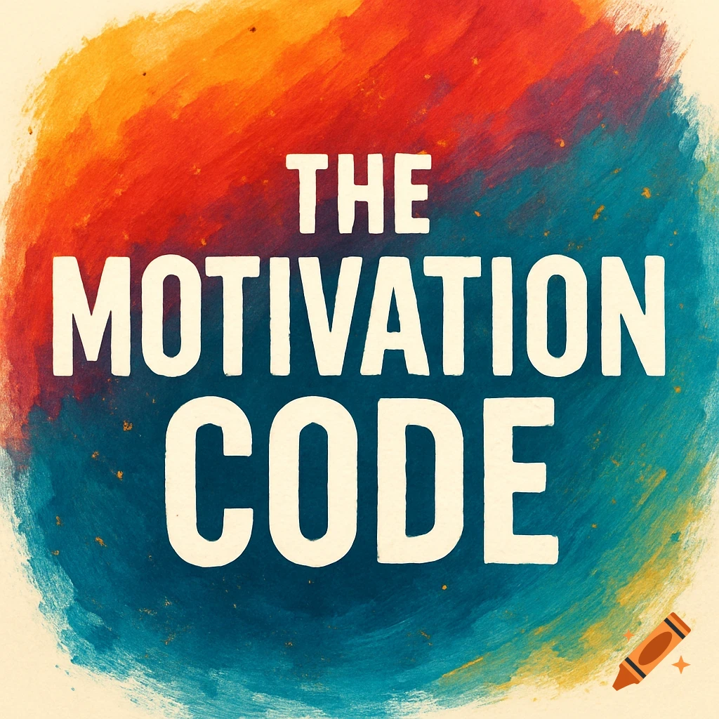 White text "THE MOTIVATION CODE" on an abstract watercolor background of red, orange, yellow, and blue.