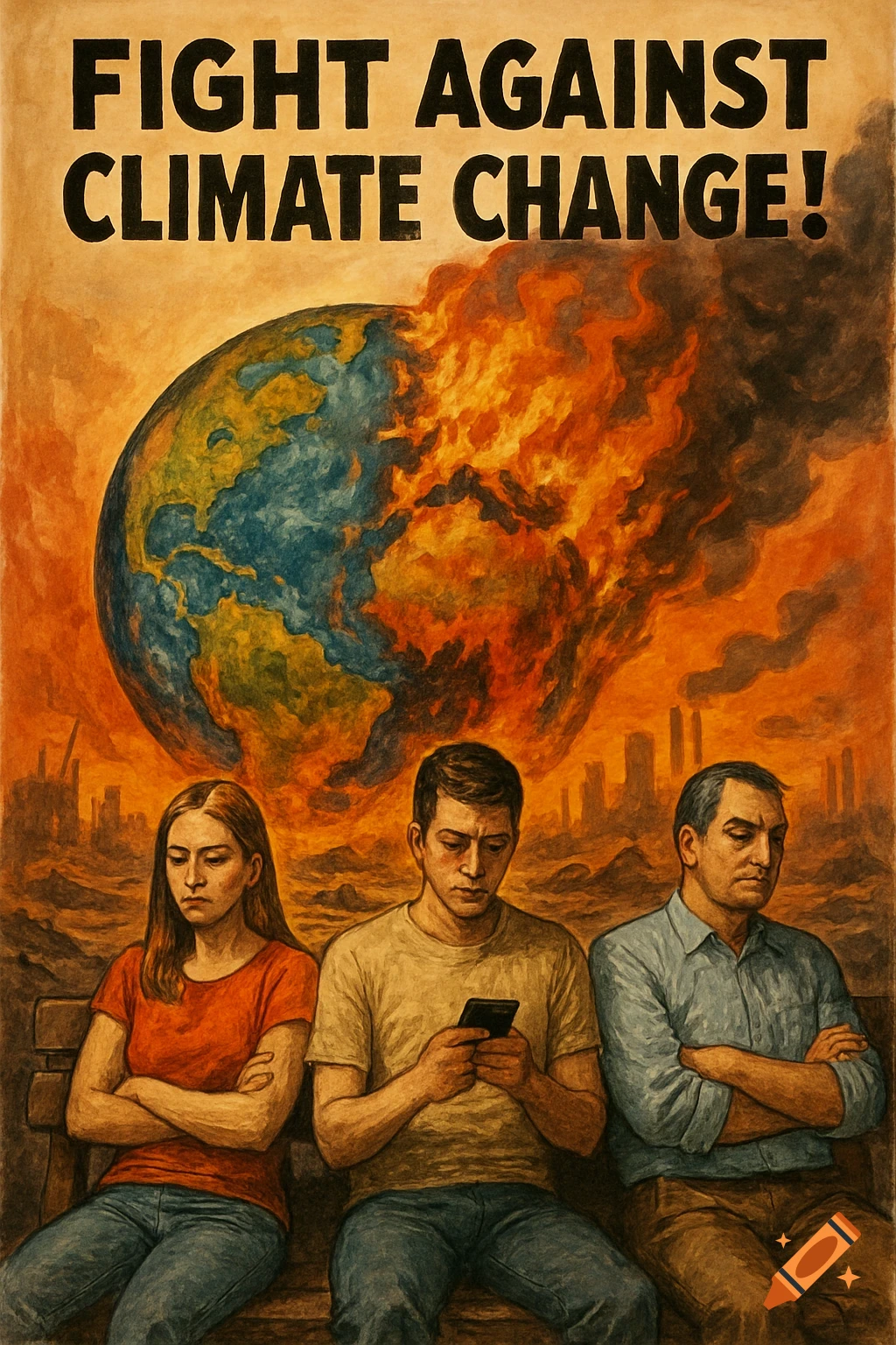 A poster shows a burning Earth above people sitting on a bench, with the text 'Fight Against Climate Change!'