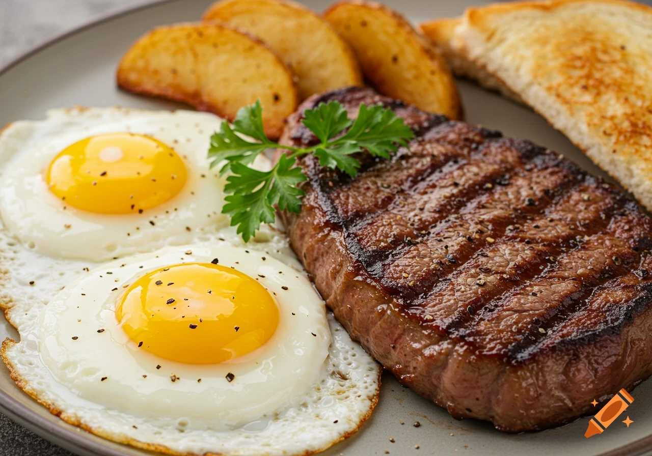 Plate of steak and two fried eggs with potato wedges and toast.