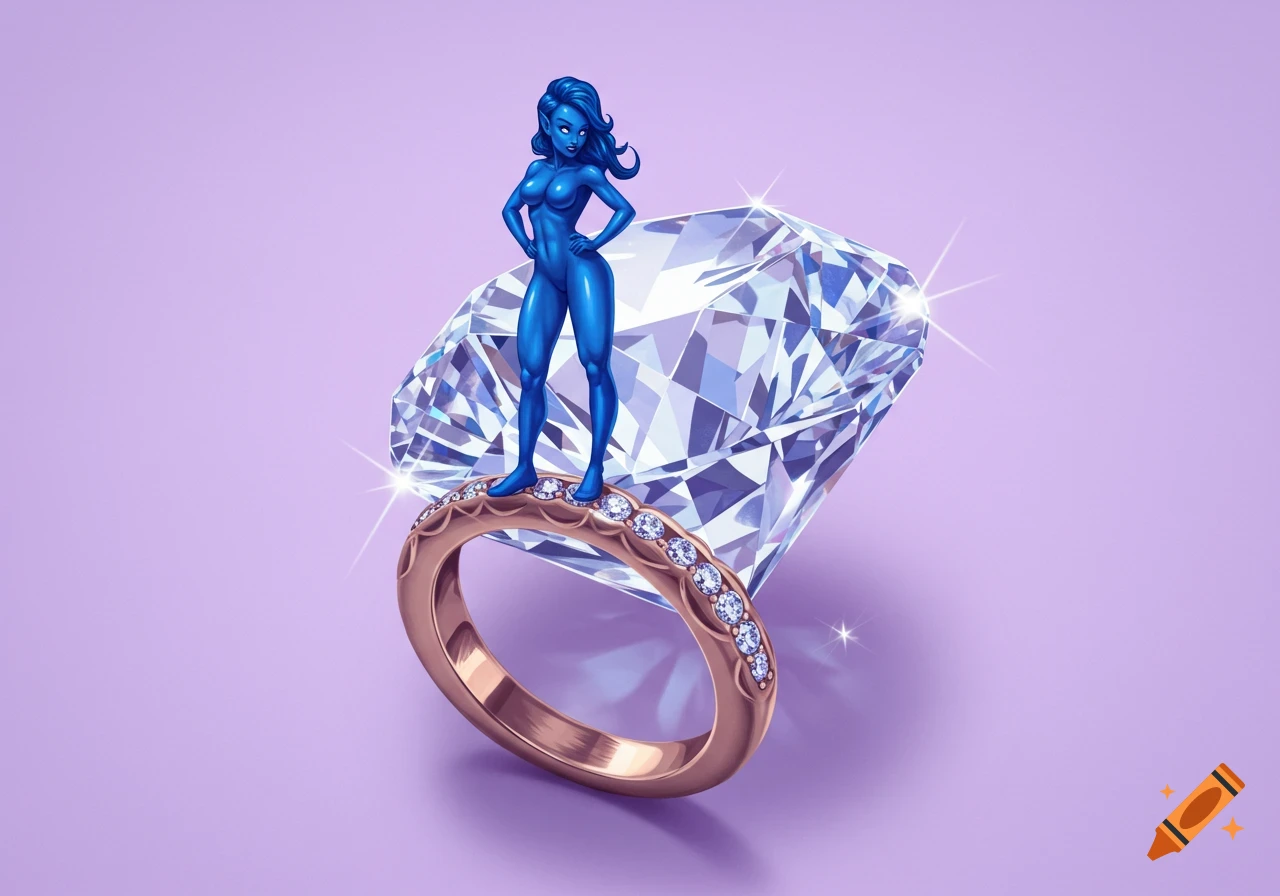 A small blue humanoid figure stands on a large diamond on a ring.