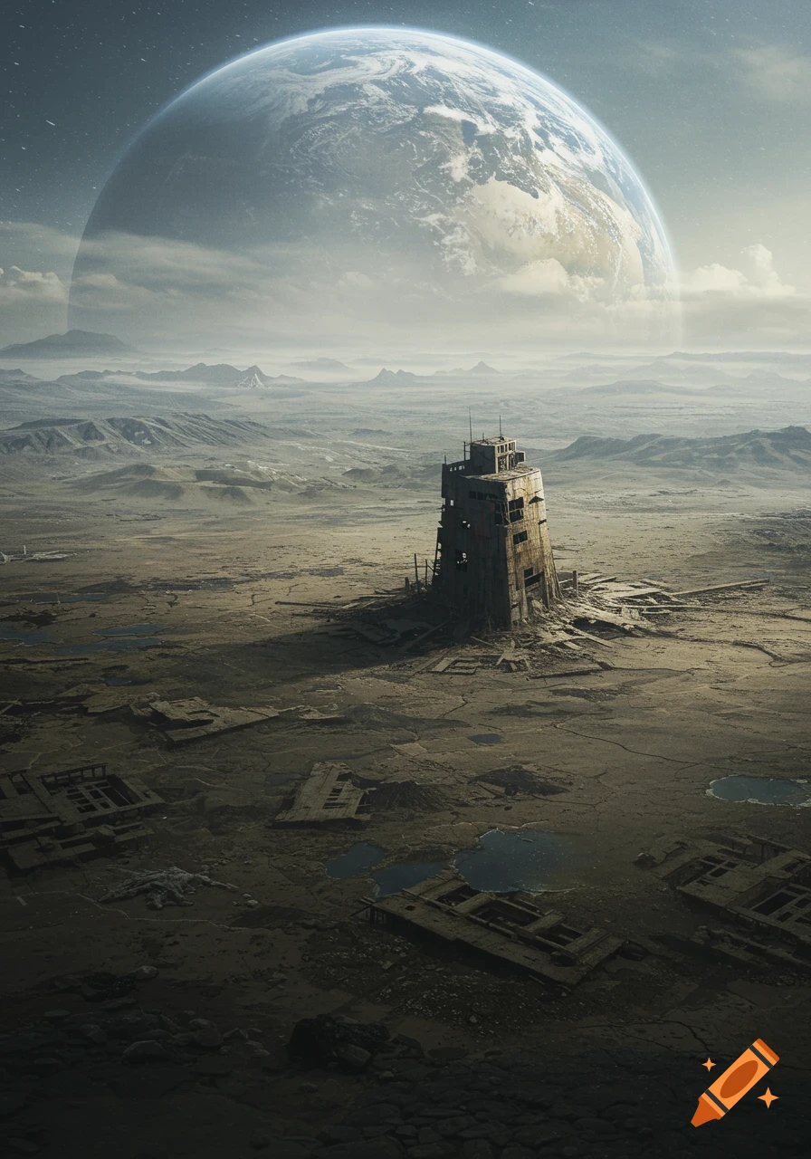 A ruined structure in a desolate landscape under a giant planet.