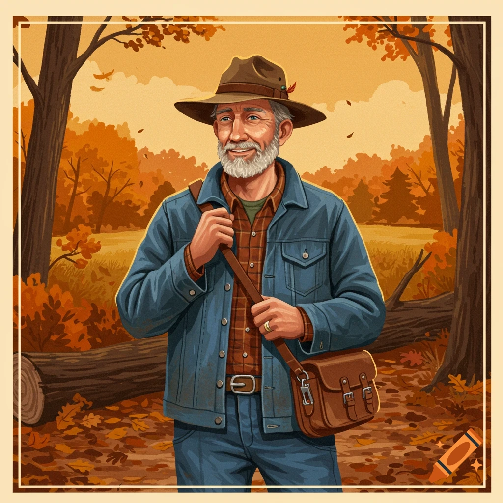 A smiling bearded man in a hat and denim jacket, holding a bag in an autumn forest.