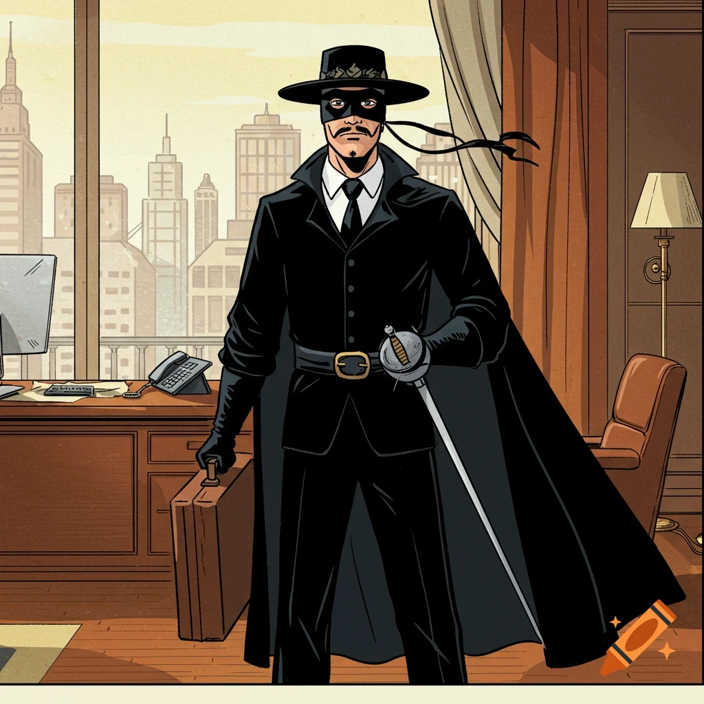 Zorro is in an office holding a briefcase and a sword.