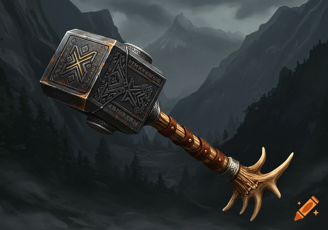 A detailed dwarven warhammer with runic designs and an antler handle in a mountainous landscape.