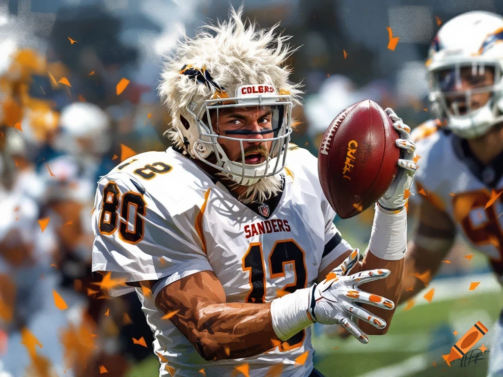 A football player in a white uniform holding a ball.