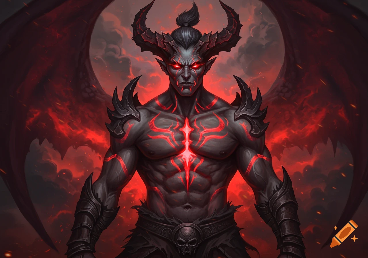 A red-eyed demon with horns, wings, and glowing red markings.