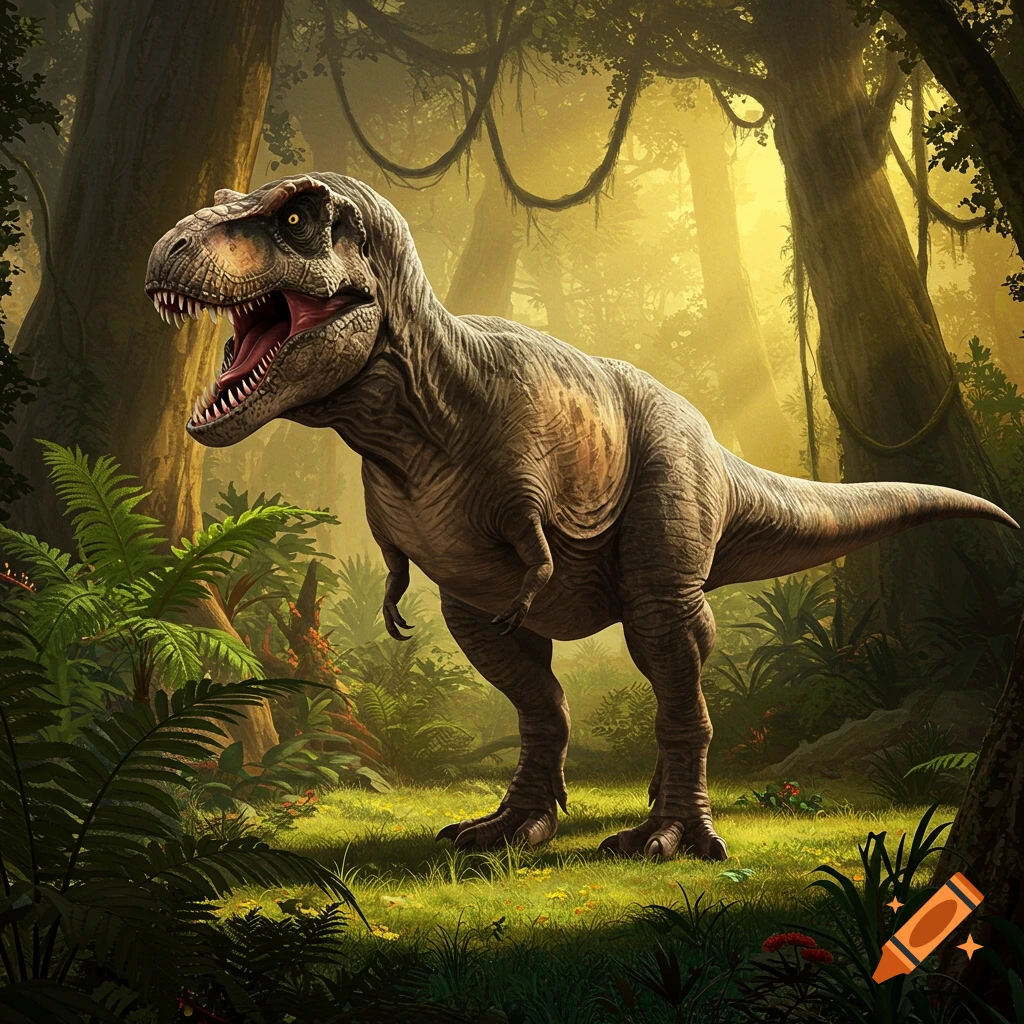 A Tyrannosaurus Rex standing in a lush, sunlit jungle.