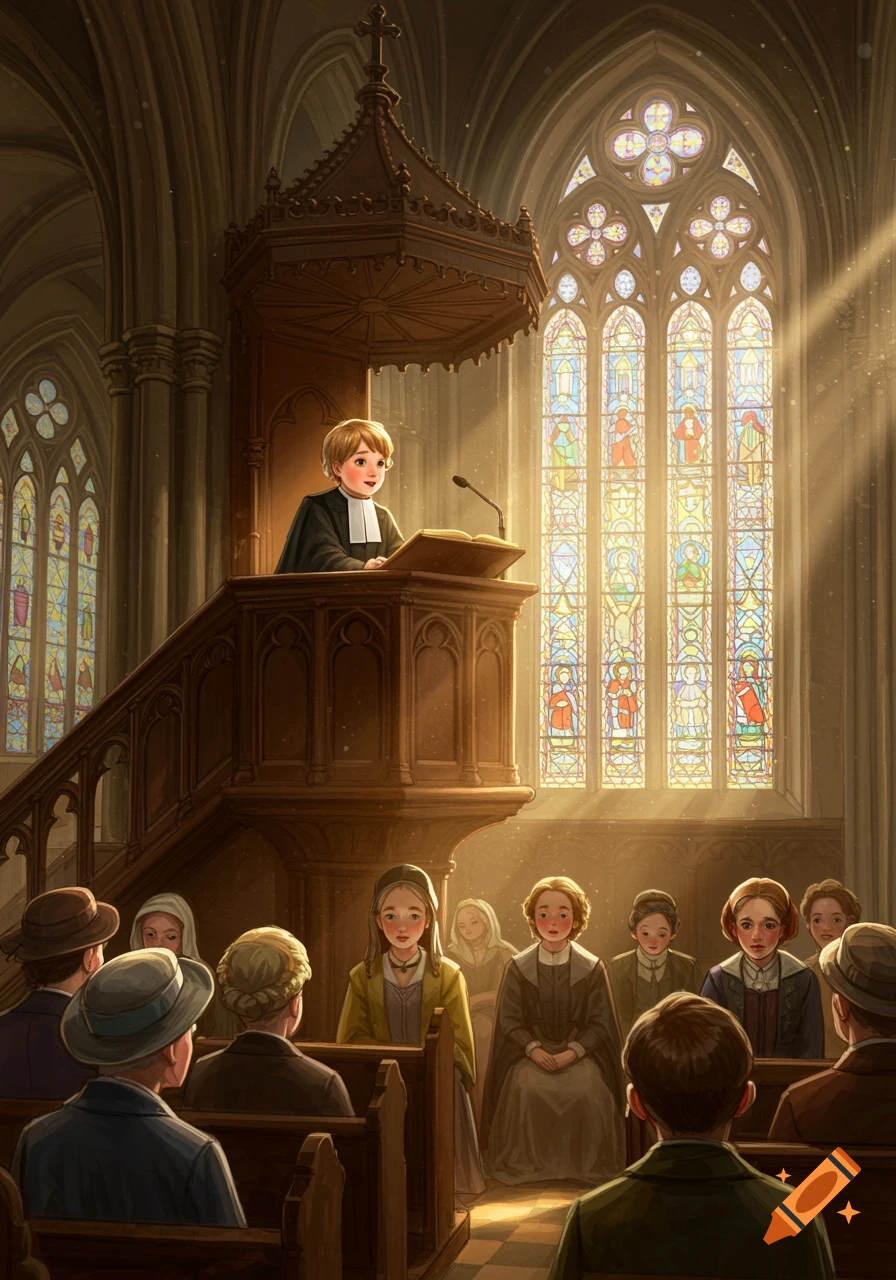 A child preacher speaks from a pulpit in a church, illuminated by light through stained glass windows, to a congregation.