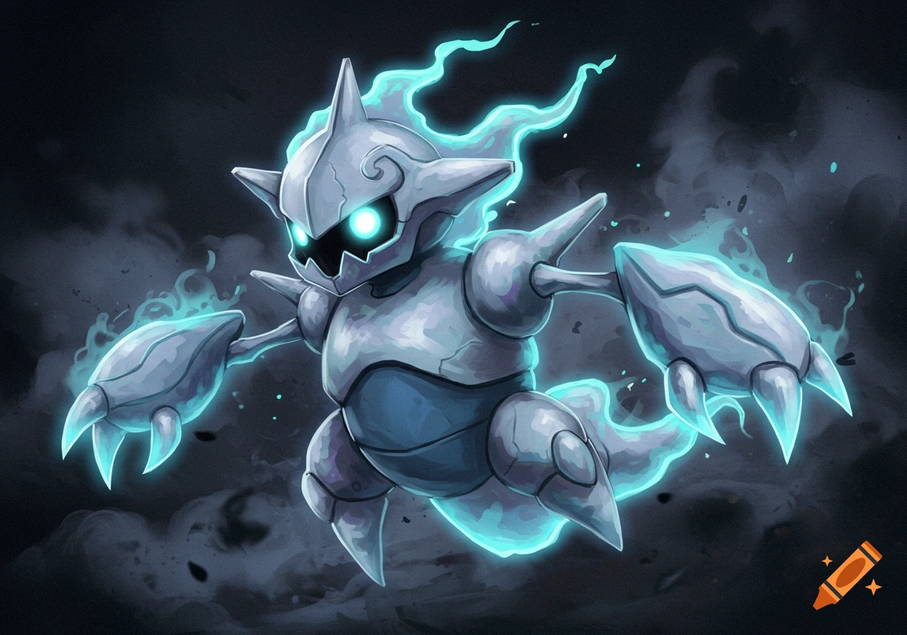 A stylized creature resembling a ghostly metallic Pok
00e9mon floating with glowing blue energy.