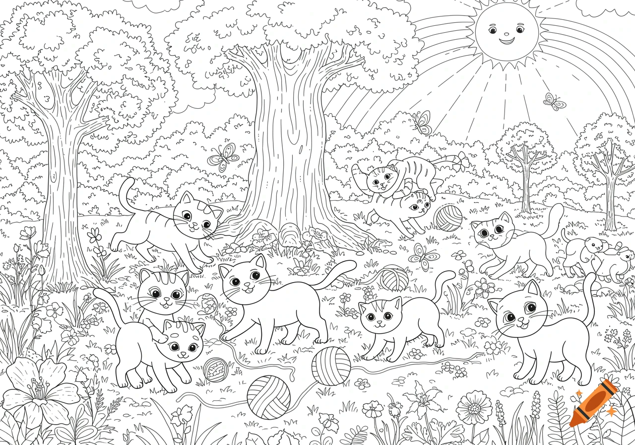 Black and white line drawing coloring page of playful cats in a park with trees, flowers, sun, and rainbow.
