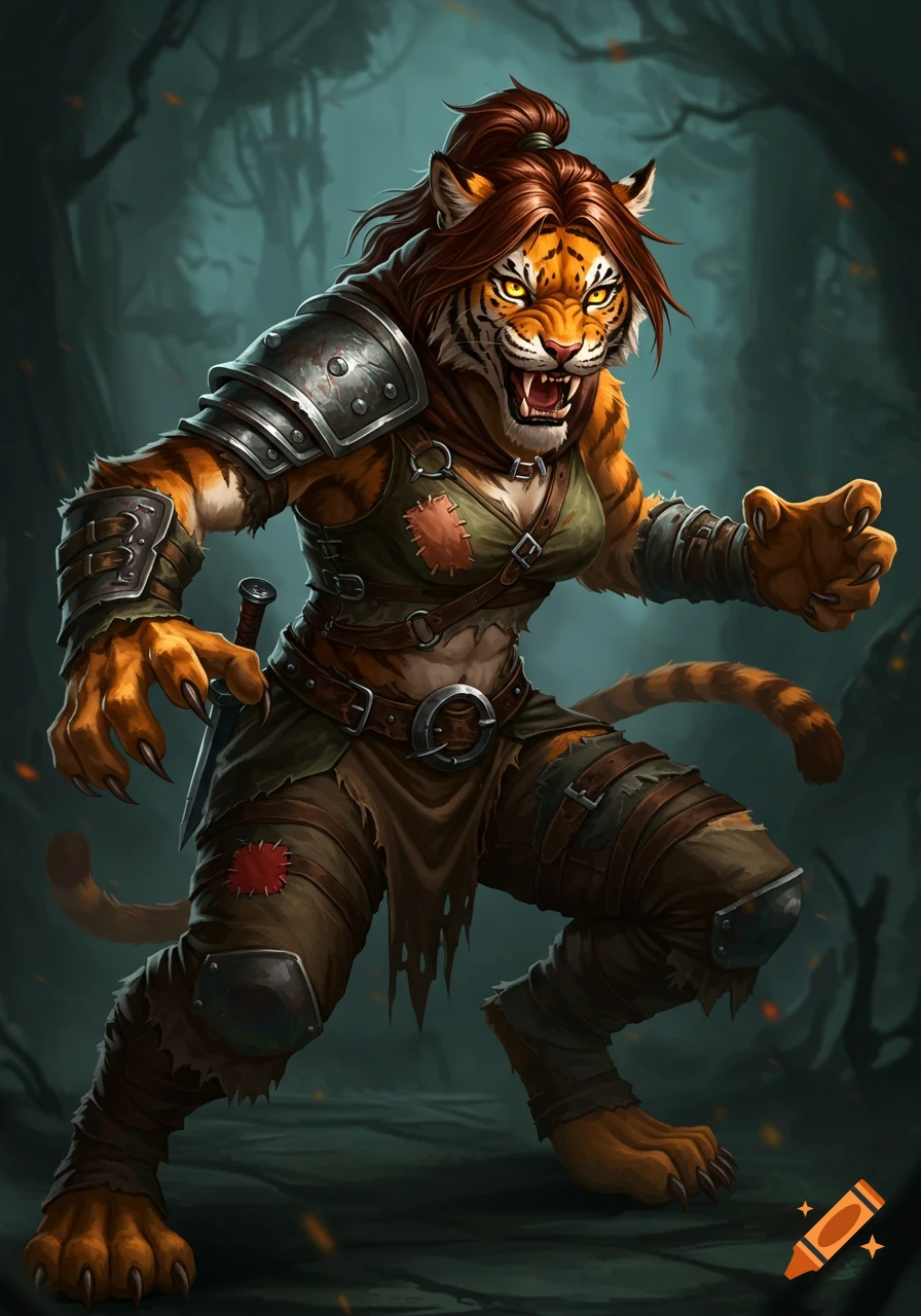 Female weretiger fighter in armor standing in a dark forest.