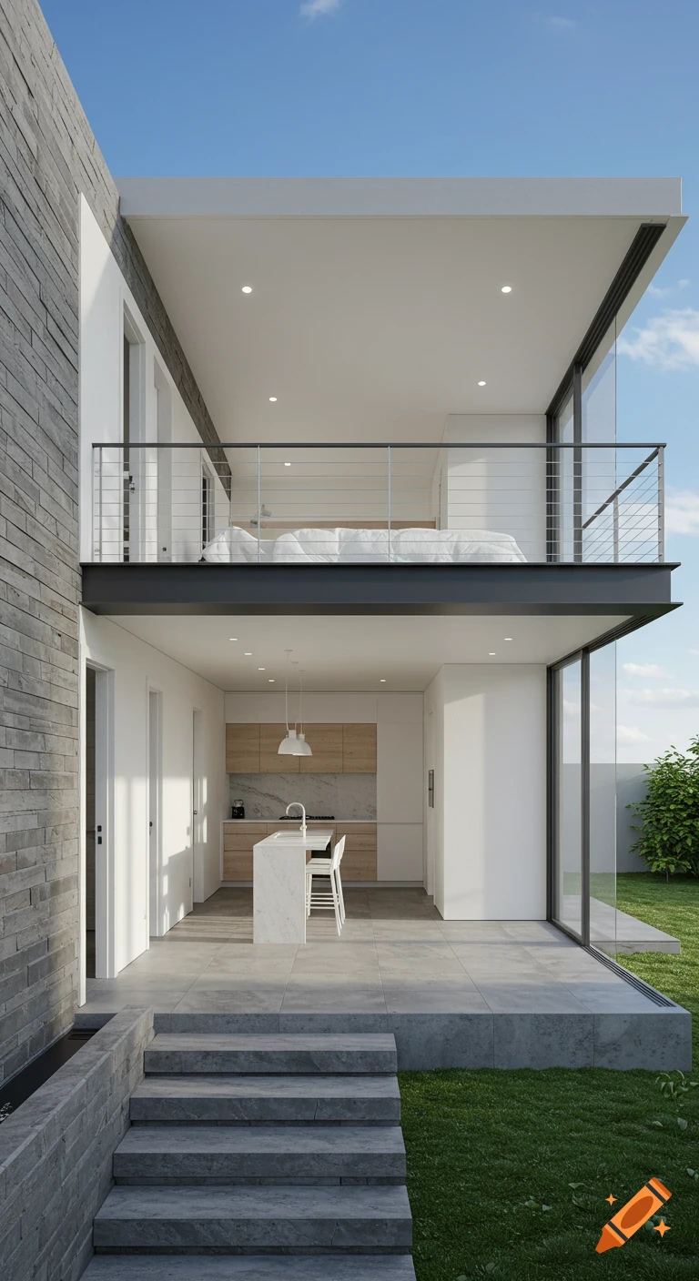 Photorealistic rendering of a modern multi-story house with exterior patio, kitchen, and loft bedroom.