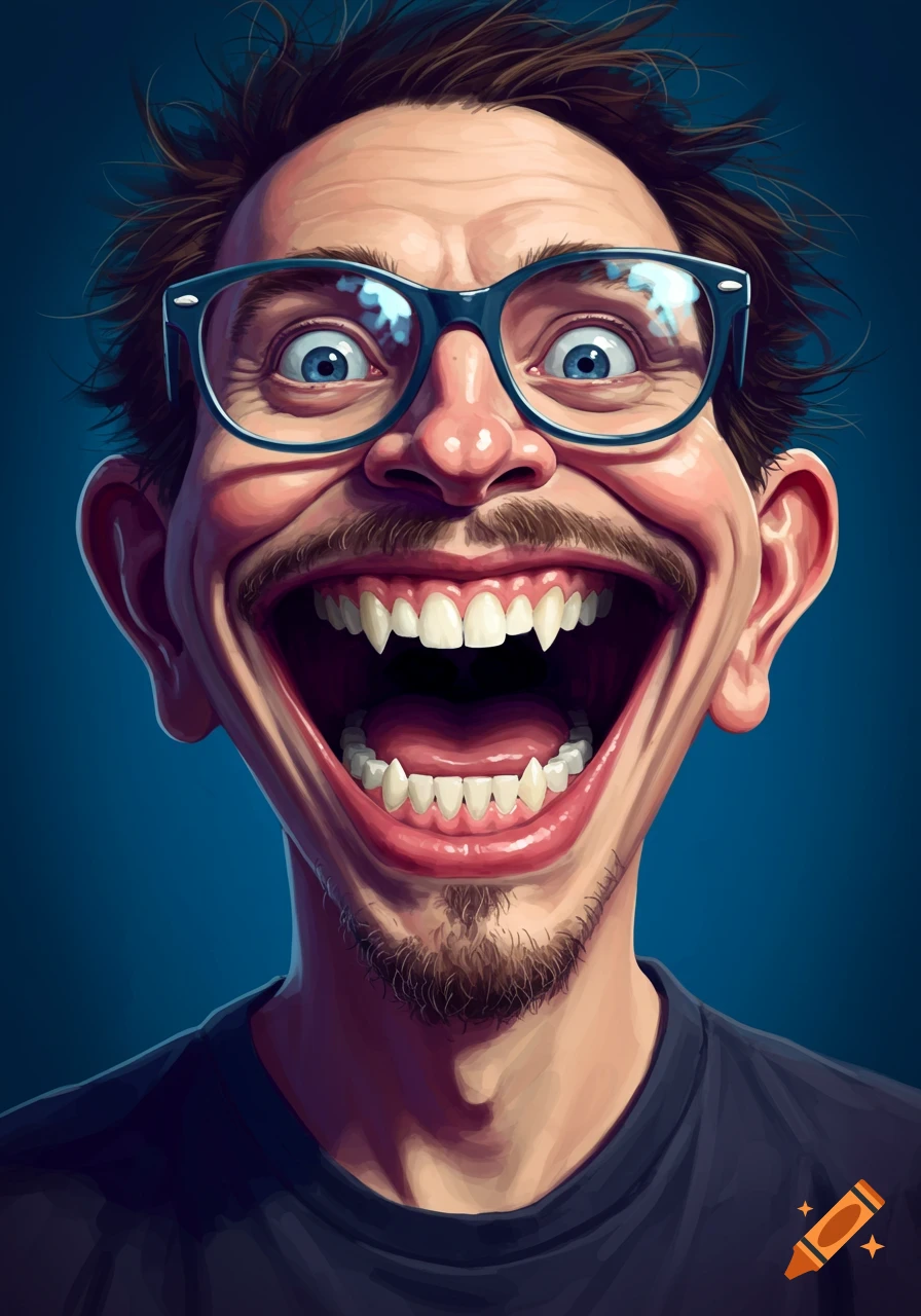 Caricature of a man with blue glasses and a wide open, exaggerated mouth.