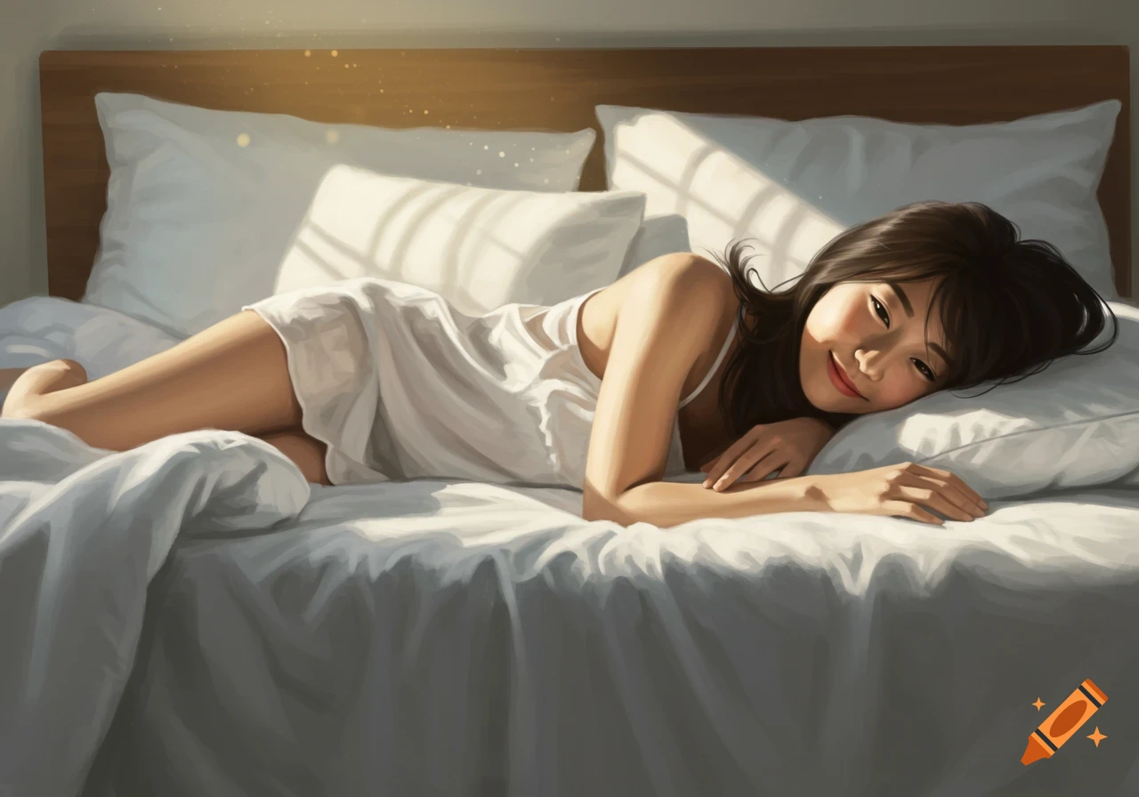 A woman is smiling and lying on a bed in sunlight