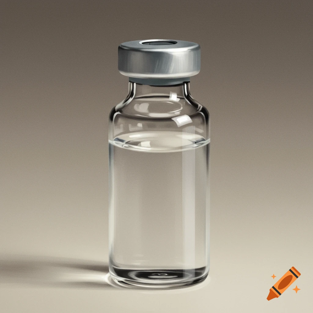 A clear glass medical vial with liquid inside and a metal cap.