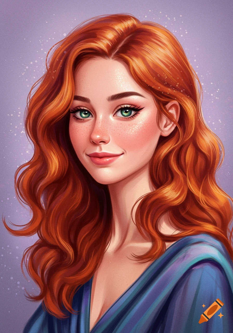 A portrait of a woman with long red hair and green eyes.
