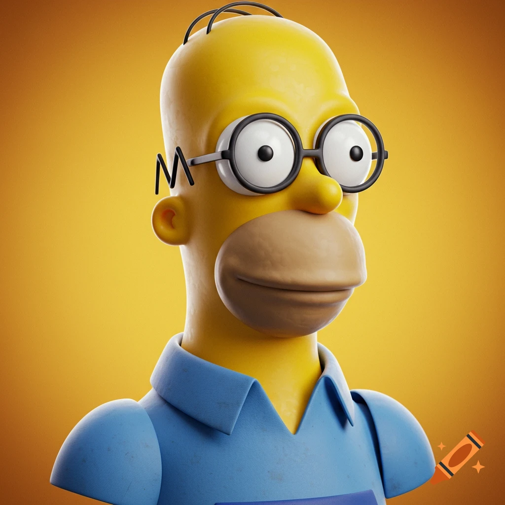 A 3D render bust of Homer Simpson wearing black glasses and a blue polo shirt against an orange background.