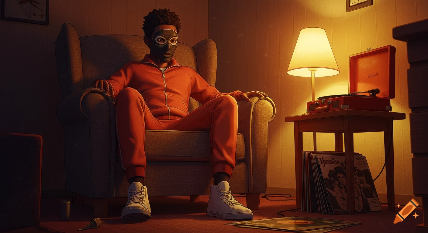 Illustrated scene of a man in a mask and orange tracksuit sitting in an armchair near a record player, in a 1970s-style room.