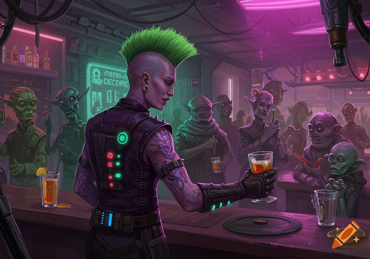 A punk bartender with a green mohawk serves drinks to alien creatures in a crowded sci-fi cantina.