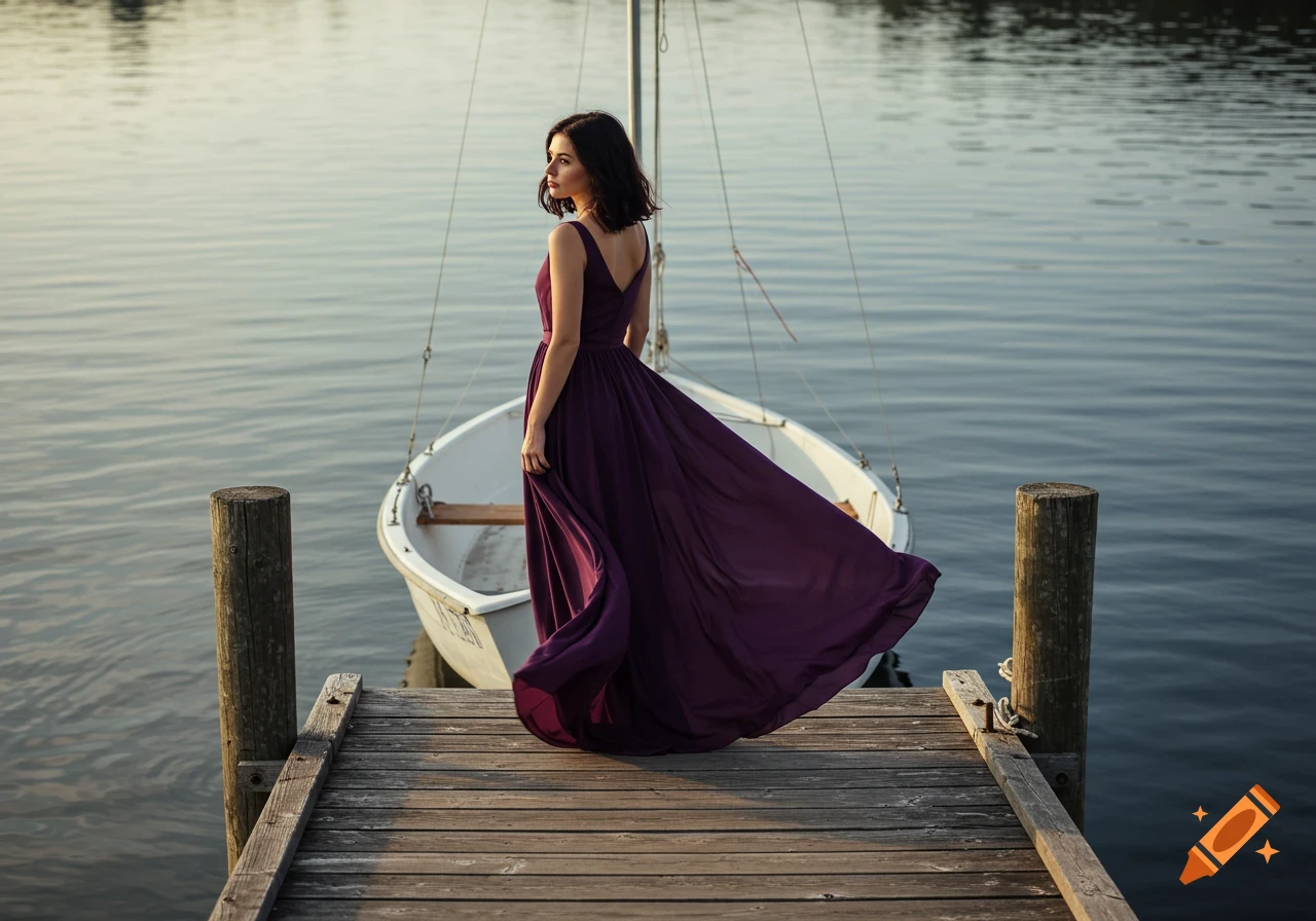 Woman in purple dress stands on a dock beside a boat at sunset