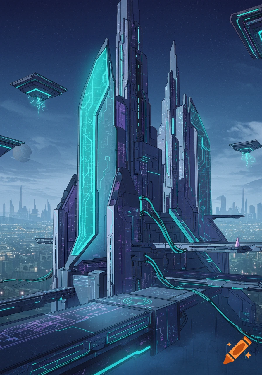 A futuristic city with tall glowing buildings and flying structures.