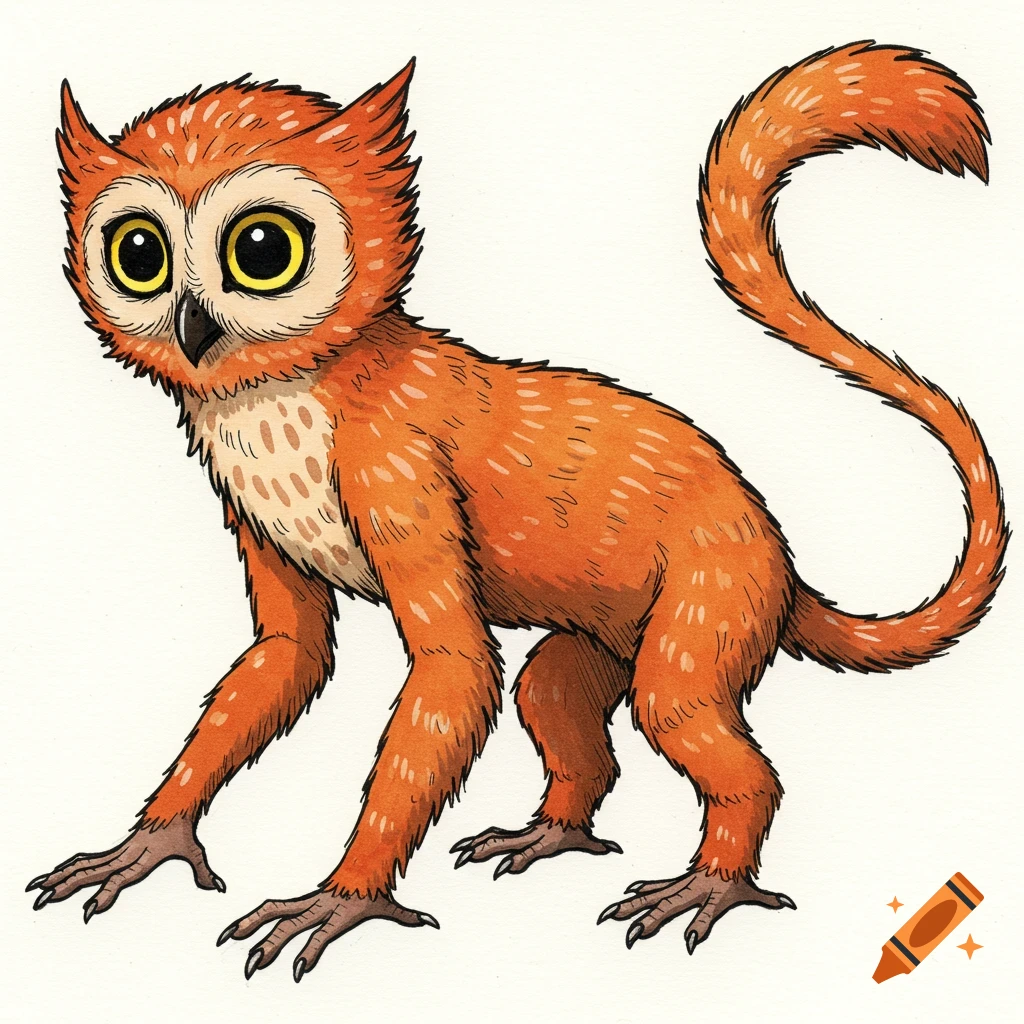 Watercolor and ink illustration of an orange cryptid creature with an owl head and monkey-like body and tail.