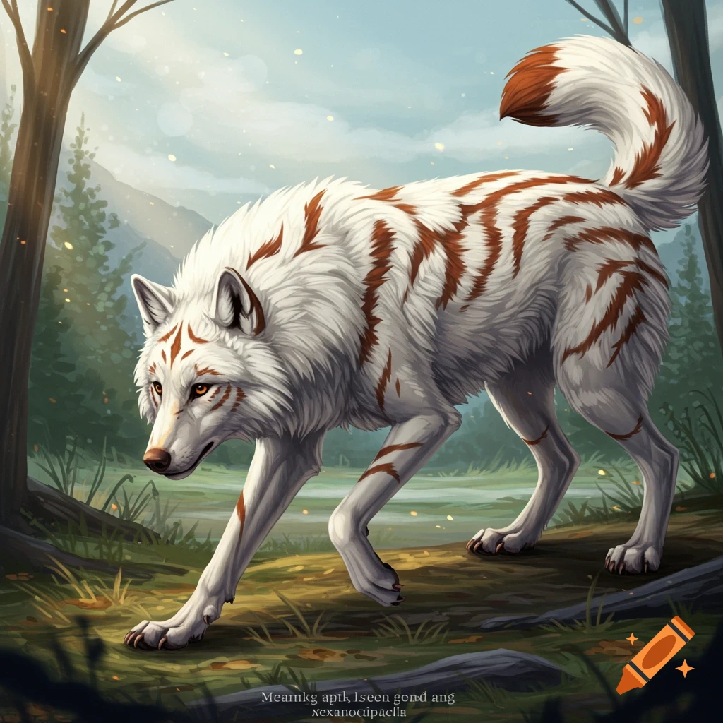 A white wolf with brown stripes walking through a forest.