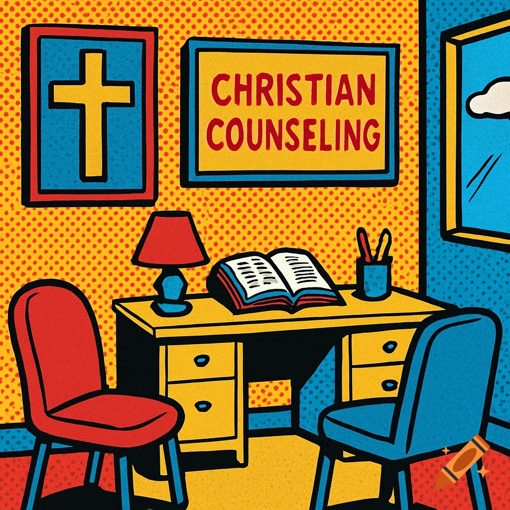 A Christian counseling office in pop art style with a cross and a sign.