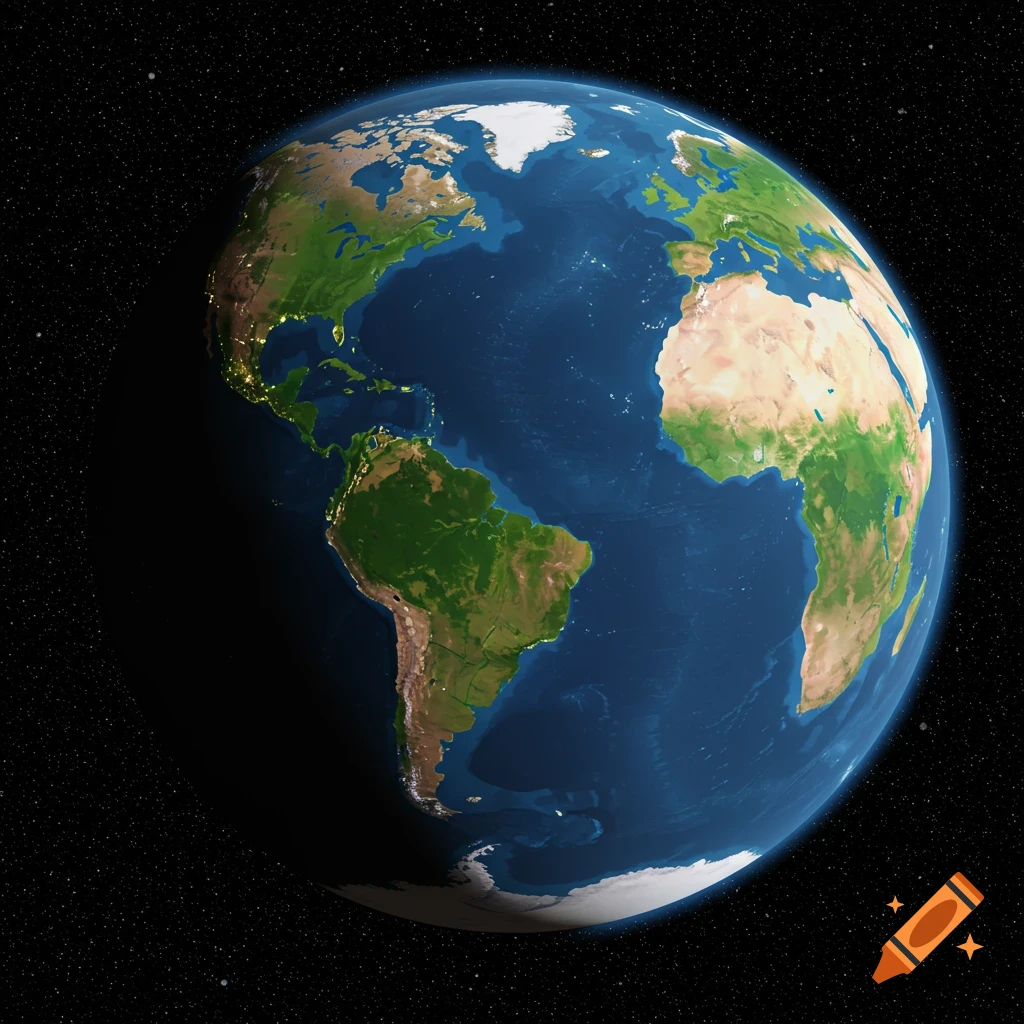 Showing the Earth from space, with continents, oceans, and city lights visible.