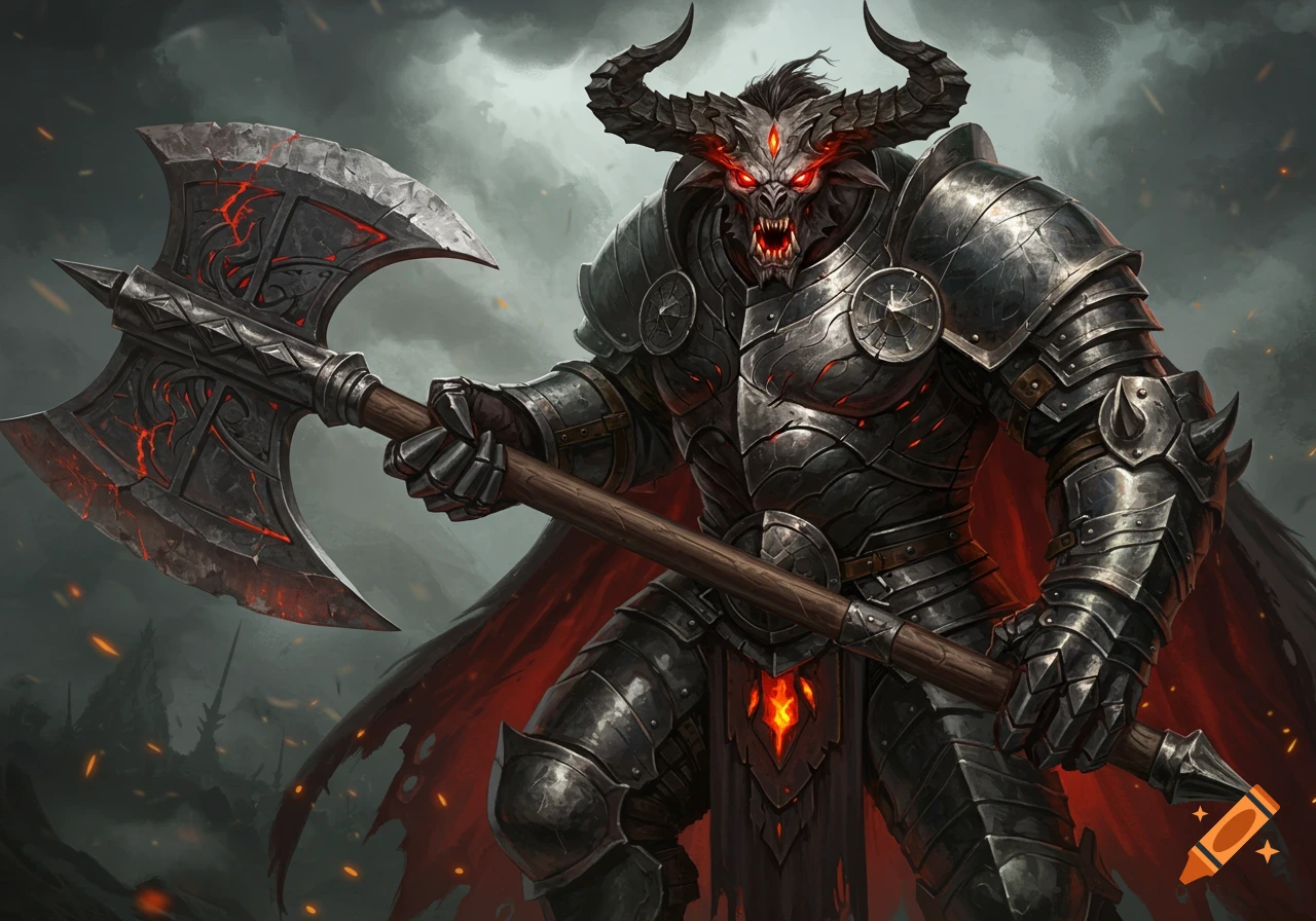 A horned demon in steel armor holding a glowing battle axe against a cloudy sky.