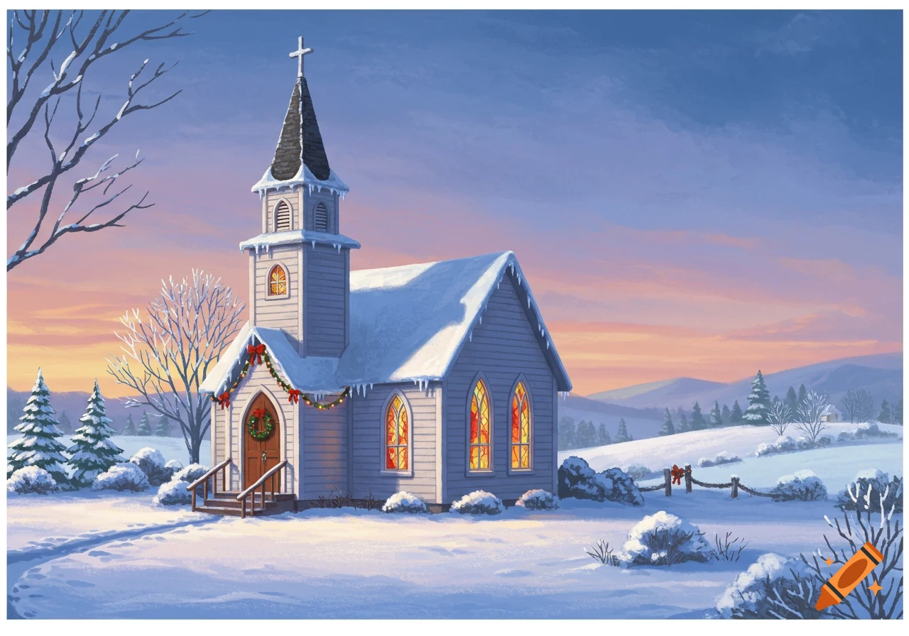A country church covered in snow with Christmas decorations at sunset.