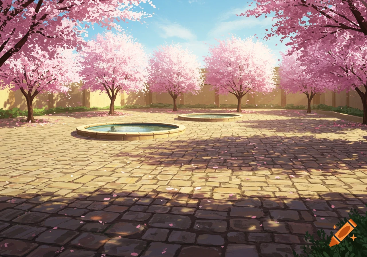 Courtyard with cobblestones, two fountains, and many pink cherry blossom trees.