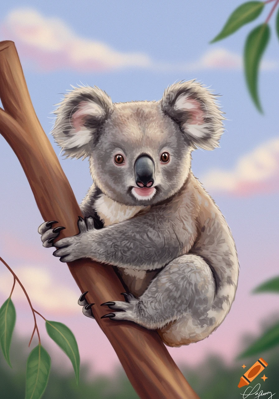 A cute koala sitting on a tree branch against a cloudy sky.