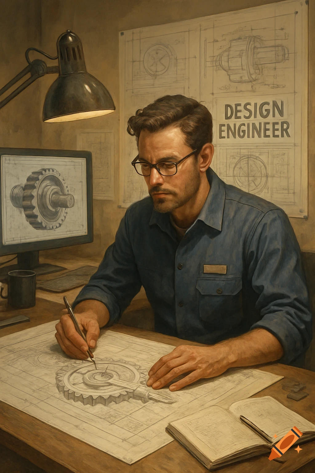 A man drawing blueprints at a desk, with text 'DESIGN ENGINEER' on a poster.