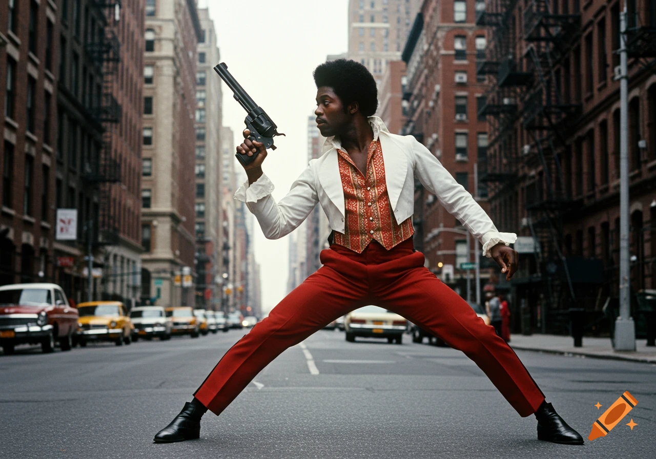A stylish African American man in a suit holds a revolver in an epic pose on a 1970s New York City street.