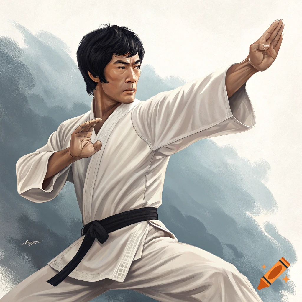 Illustration of a man in a white gi and black belt in a martial arts stance.