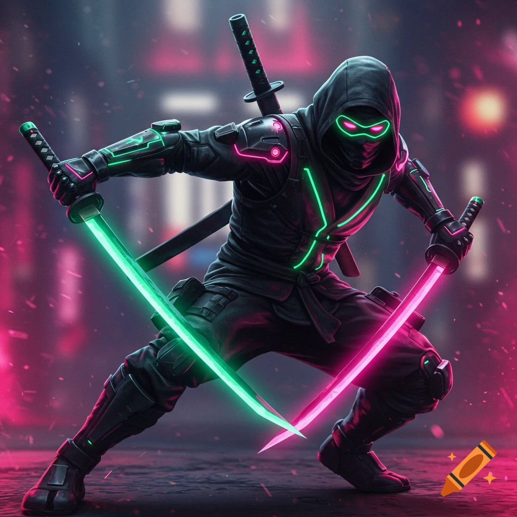 A ninja in a suit with neon accents holds two glowing swords, one green and one pink, in a dynamic pose in a dark, neon-lit city.
