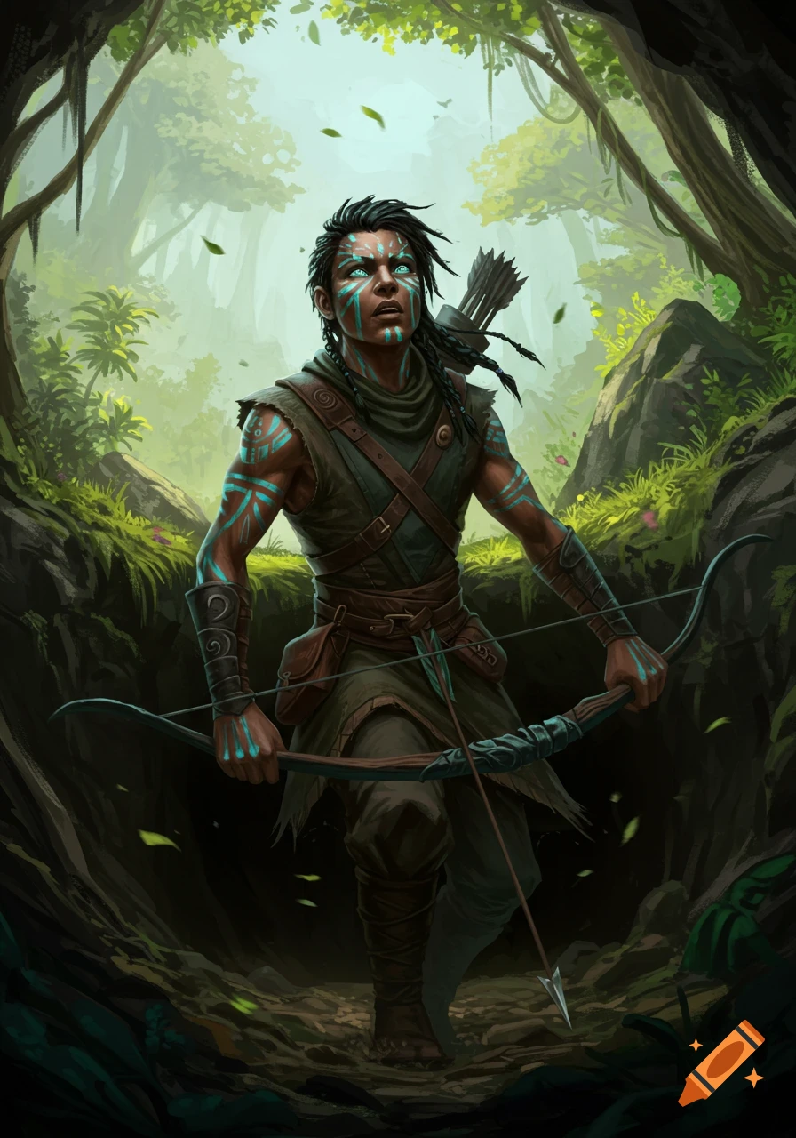 A fantasy ranger with glowing face paint holding a bow in a green forest.