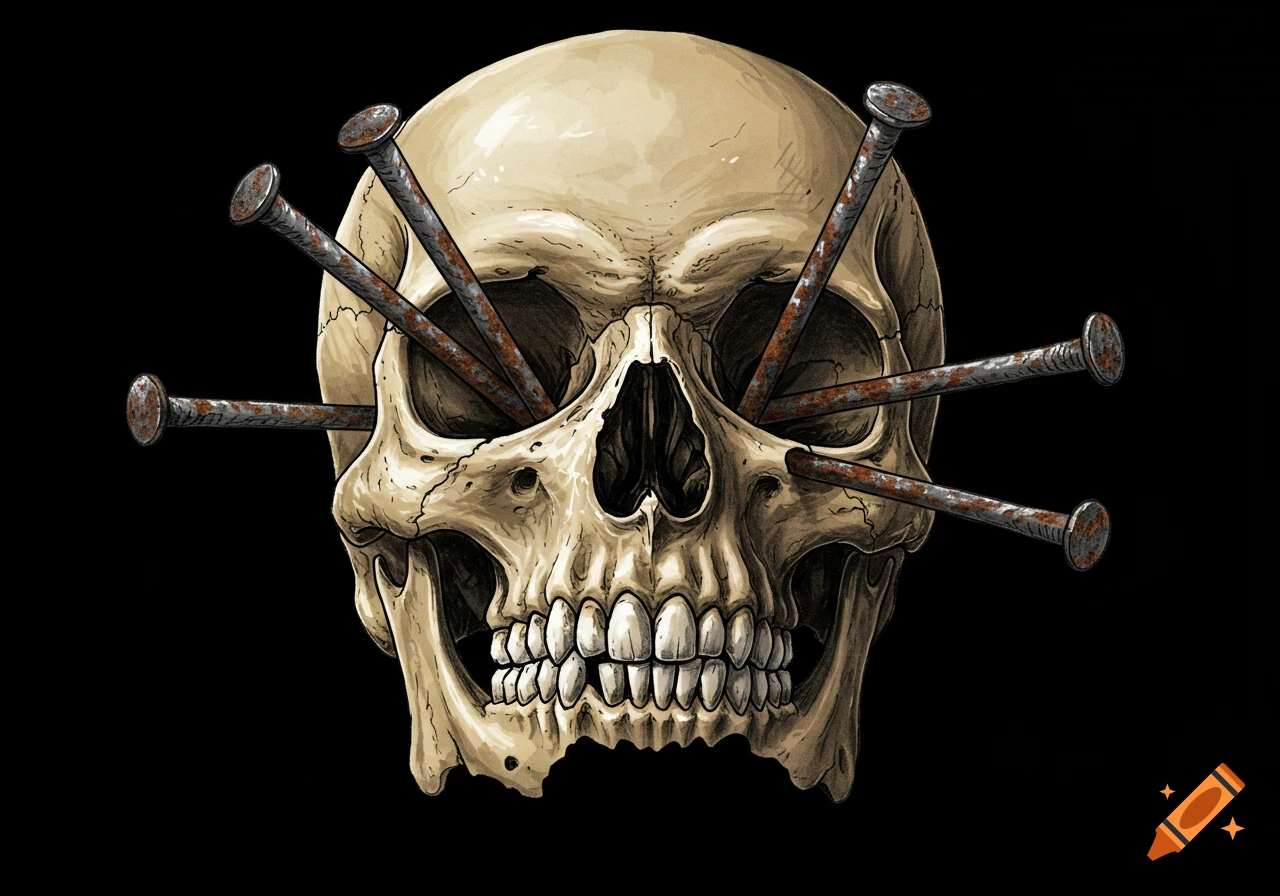 An illustration of a human skull with several rusty nails driven into and through its eye sockets.