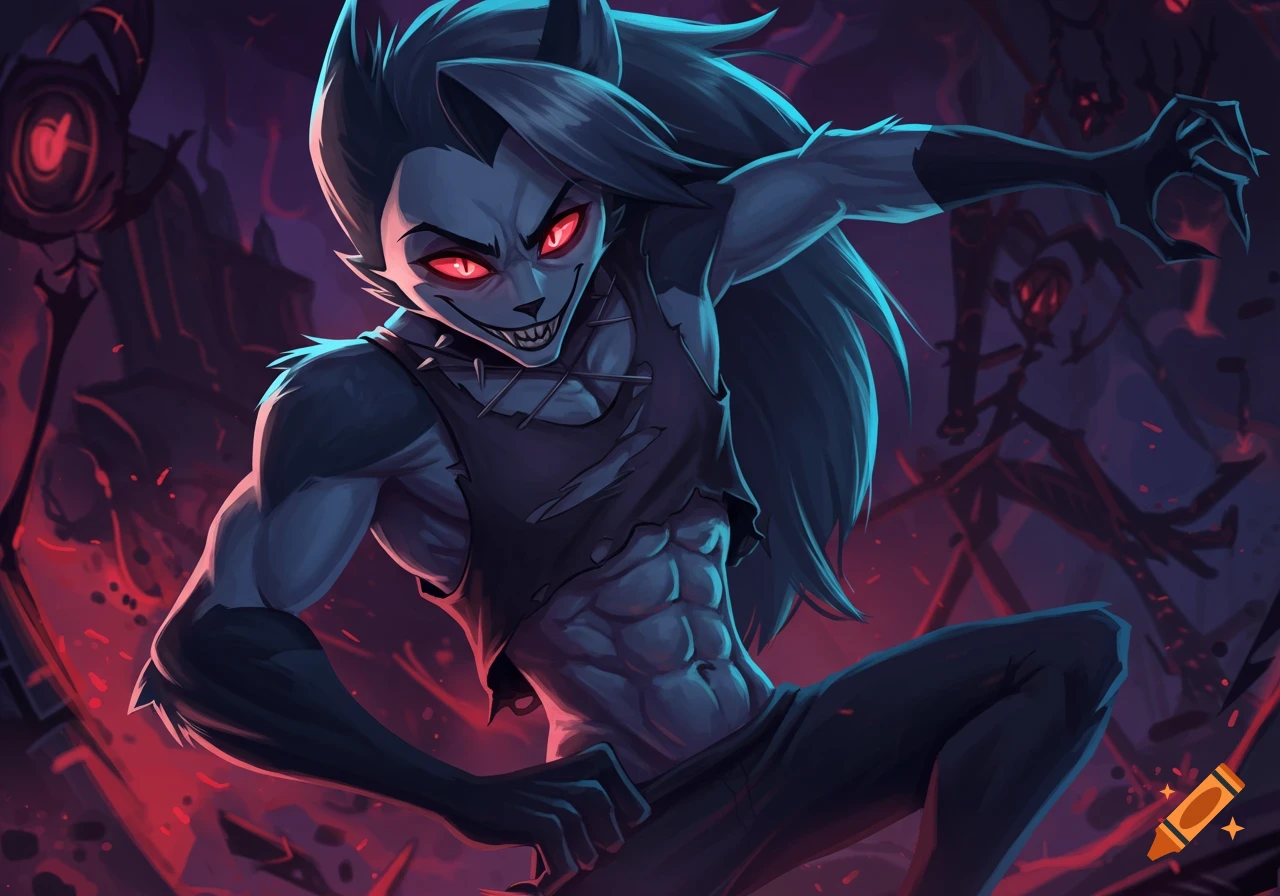 A muscular male anthropomorphic wolf with red eyes and abs stands in a dark fantasy environment.