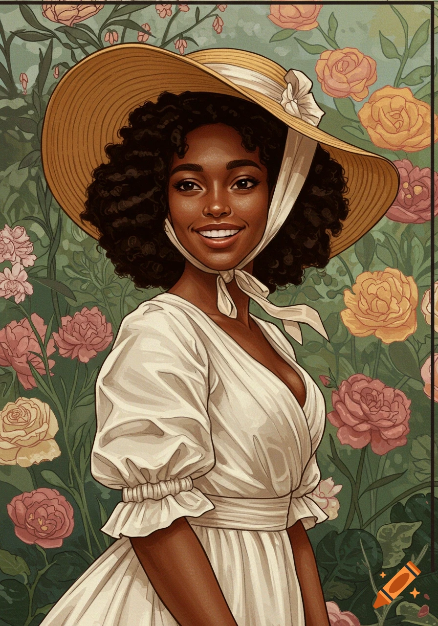 A Black woman in a wide-brimmed hat and white dress is smiling in a garden.