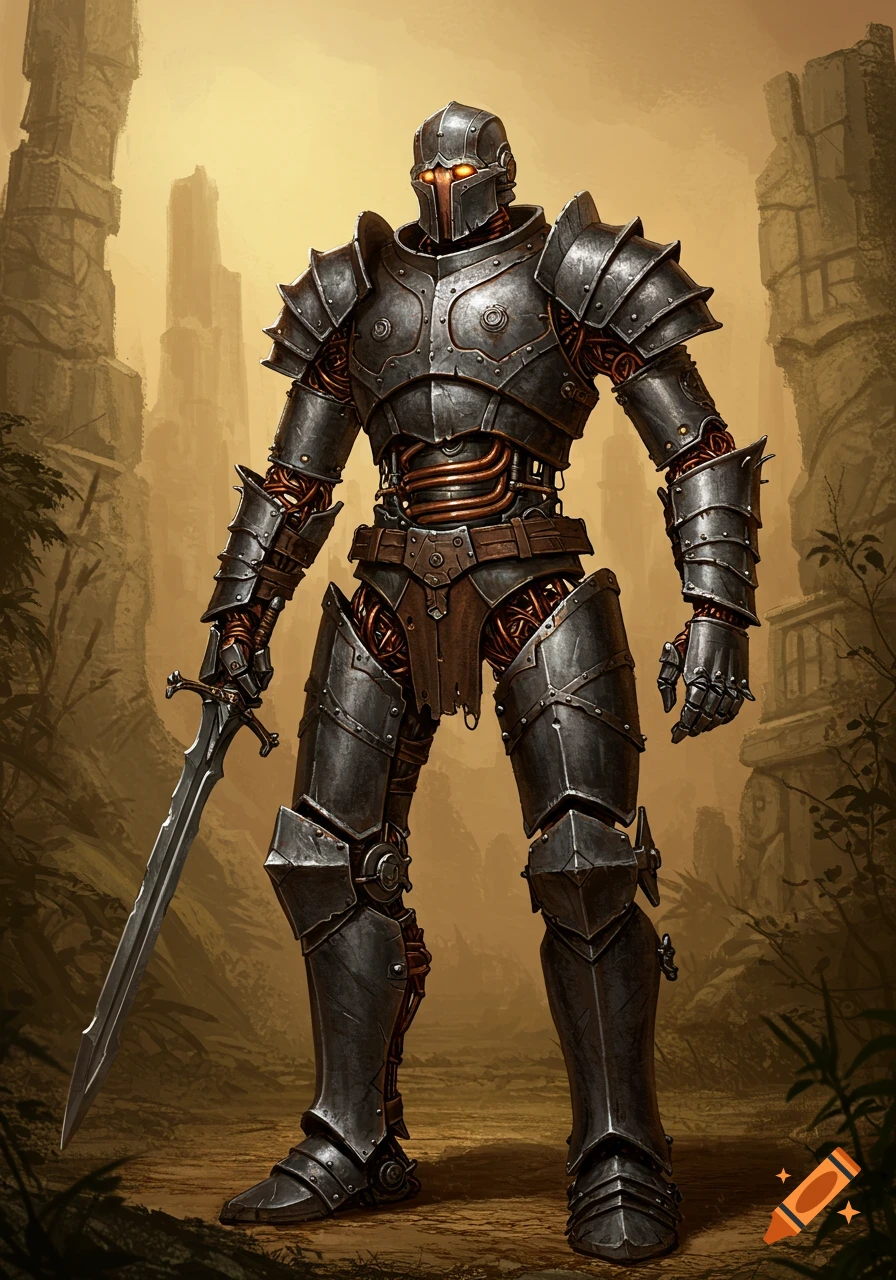 A fantasy robot warrior in heavy metal armor holds a sword in a ruined landscape.
