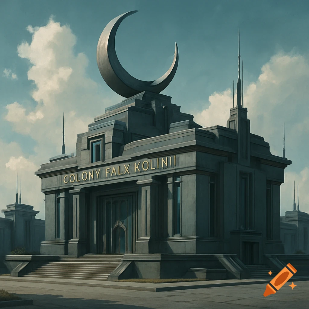A monumental, futuristic-brutalist style building with a large crescent moon sculpture on top. The text "COLONY FALX KOLINII" is on the facade.